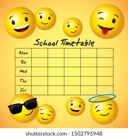 school timetable between realistic emoji happy face smile face funny face over yellow background. Vector illustration