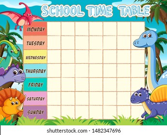 A school timetable blank template with cartoons