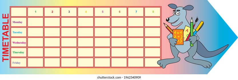 School timetable, bookmark, kangaroo on rainbow background