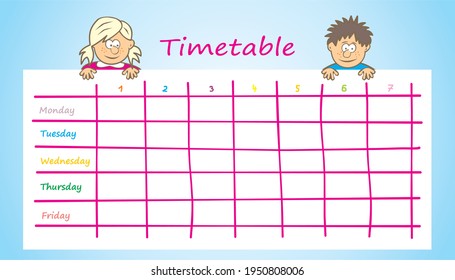 School timetable, boy and girl, blue background, vector illustration