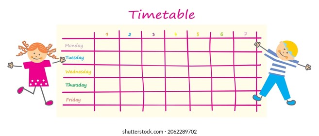 School timetable, boy and girl, white background, vector conceptual illustration
