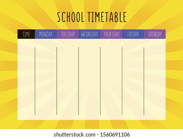 School timetable with bright yellow glowing background for six days. Everyday planner for kids. Vector educational organizer