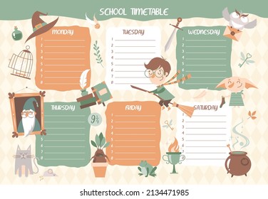 
School timetable with cartoon magical and witchcraft elements and characters 
