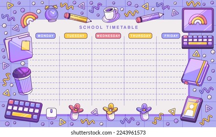 Schulfahrplan, Cartoon-Stil. Stationäres Floating auf violettem Hintergrund