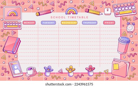 School Timetable, Cartoon Style. Stationary Floating Around on Pink Background