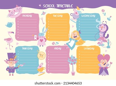 School timetable with cartoon Wonderland characters.