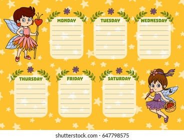School timetable for children with days of week. Color characters of cartoon fairies