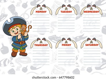 School timetable for children with days of week. Color cartoon pirate with a monkey