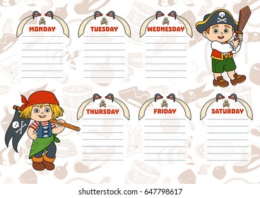 School timetable for children with days of week. School timetable for children with days of week. Color characters of cartoon pirates