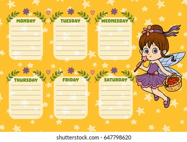 School timetable for children with days of week. Color cartoon fairy
