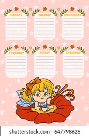 School timetable for children with days of week. Color cartoon fairy