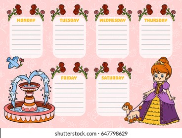 School timetable for children with days of week. Color cartoon princess with a dog