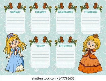 School timetable for children with days of week. Color characters of cartoon princesses
