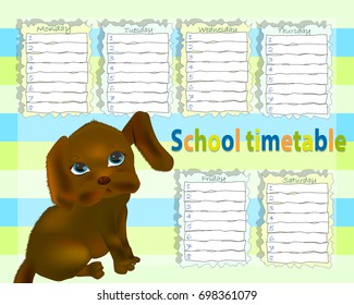 School timetable for children with days of week - Cute puppy. Organizer and Schedule with place for Notes
