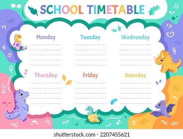 Horario escolar para niños y alumnos con lindos dinosaurios. Plantilla de programación, planificador semanal para impresión. Ilustración vectorial de dibujos animados para niños