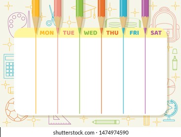 School timetable with color pencils draw colorful lines on light yellow paper with school and class elements line art