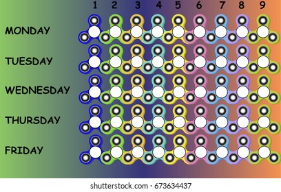 School timetable with colorful fidget spinners for kids and teenagers, vector time sheet.