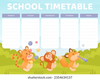 School Timetable with Cute Animal Parade Vector Template