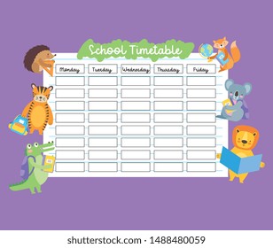 school timetable with cute animals with bag notebook globe book. Vector illustration