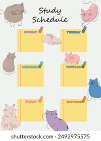 School timetable with cute cats on the background of small details from school life Vector illustration education concept timetable template
