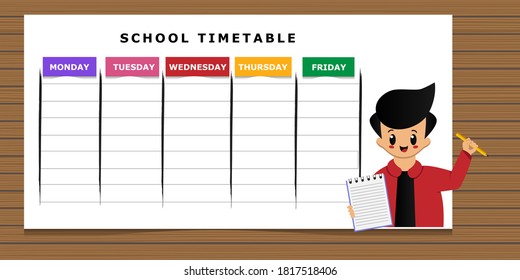 School timetable with cute kid boy. Cartoon template design