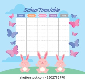 school timetable with cute rabbits and butterflies over landscape. vector illustration