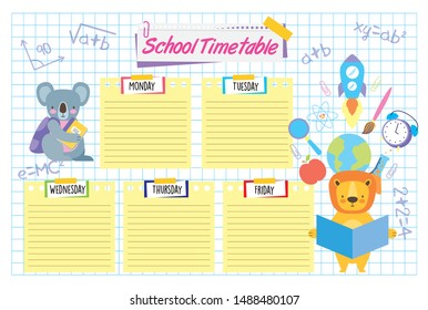 school timetable and cute students animals between cute school supplies drawing  Vector illustration