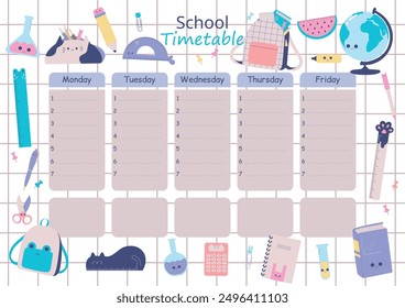 School timetable with cute school supplies. Kids education weekly lesson planner or daily schedule vector template.