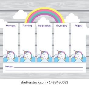 school timetable with cute unicorns and sky with rainbow over wooden background. Vector illustration