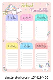 school timetable with  cute unicorns . Vector illustration