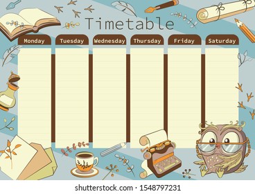 School timetable with a cute wise owl. For schoolchildren, students, teachers.