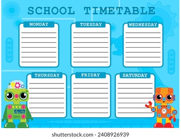 School timetable, daily routine for a school student. Cute school schedule. School schedule for boys. Robots. Timetable with robots. 