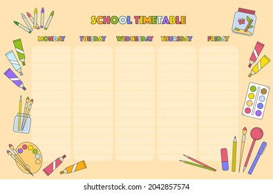 Schulfahrplan Tagesplaner. Der wöchentliche Veranstaltungszeitplan mit Studienmaterial, stationären Kunstgegenständen für Kreativität. Helle, bunt geformte Vektorgrafik-Umrisssymbole Design.