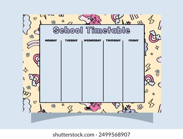 
School timetable for daily and weekly planning with unicorns and boho rainbows. School schedule for elementary school, and middle school.