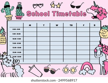 School timetable for daily and weekly planning with girly elements. School schedule for elementary school, and middle school.