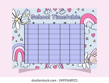 Schmetterlinge auf Blumen und Boho-Regenbogen auf Kinderschulplänen für die Grundschule und die Mittelschule.