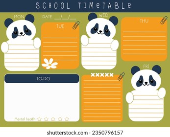 School timetable , Day planner, Date with cartoon panda Blank template. Vector illustration. Minimal style. Clean style. Daily to do. Go to school