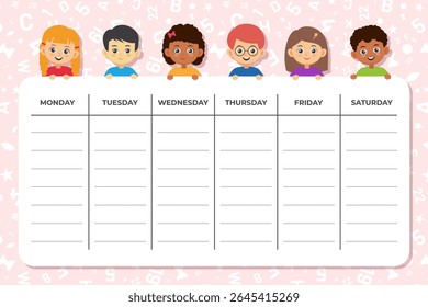 School timetable with day of week. Cute schedule with student or kids, boys and girls