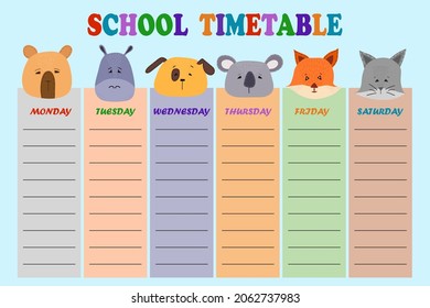 School timetable design with cute aimals head. Timetable for elementary school. Vector template. Design of kid's products.