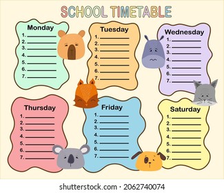 School timetable design with cute aimals head. Weekly planner with cartoon animals. Timetable for elementary school. Design of kid's products.