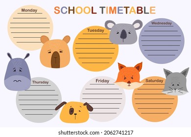 School timetable design with cute aimals head. Timetable for elementary school. Weekly planner with cartoon animals. Vector template. Design of kid's products.