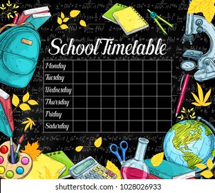 School timetable design on black chalkboard or blackboard background. Vector weekly lesson schedule of school bag, education stationery supplies chemistry book, biology microscope or geography globe