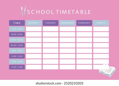 projeto de horário escolar com um fundo rosa, com dias de segunda a domingo e horários para cada dia. Perfeito para organizar os horários de aula em um formato limpo e fácil de ler