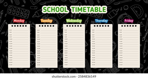 School timetable design with separate sections for each day of the week , time slots for organizing classes and activities