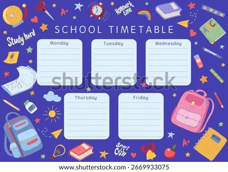 School timetable with doodle stationery and school supplies on blue background. Weekly planner template for kids, students and teachers. Vector hand drawn childlike illustration