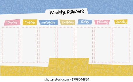 School Timetable With Doodle School Supplies Drawing. Weekly Planner Paper Sheet. Vector Flat Template Illustratio