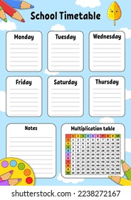 Calendario escolar. Para la educación de los niños. Aislado en el fondo del color. Con un lindo personaje de dibujos animados. Ilustración vectorial.
