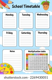 School timetable. For the education of children. Isolated on color background. With a cute cartoon character. Vector illustration.