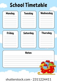 School timetable. For the education of children. Isolated on color background. With a cute cartoon character. .