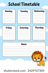 Schulfahrplan. Für die Erziehung von Kindern. Isoliert auf farbigem Hintergrund. Mit einer niedlichen Comic-Figur. Vektorgrafik.